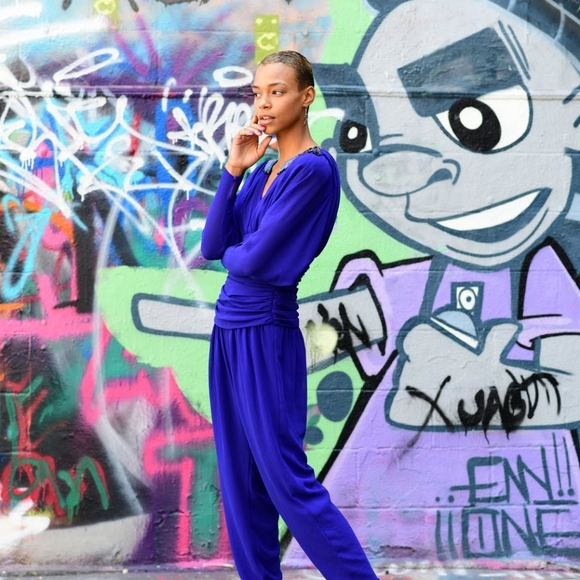 80s blue chiffon jumpsuit with beaded shoulders - Picture 3 of 8